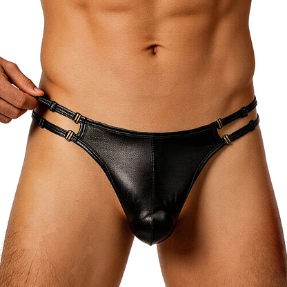 Cerise Faux Leather Wet Look Thong With Dual-Strap Waistband