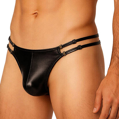 Cerise Faux Leather Wet Look Thong With Dual-Strap Waistband