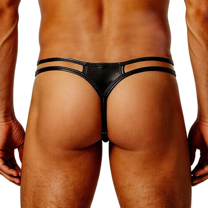 Cerise Faux Leather Wet Look Thong With Dual-Strap Waistband