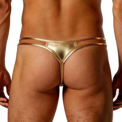 Cerise Faux Leather Wet Look Thong With Dual-Strap Waistband