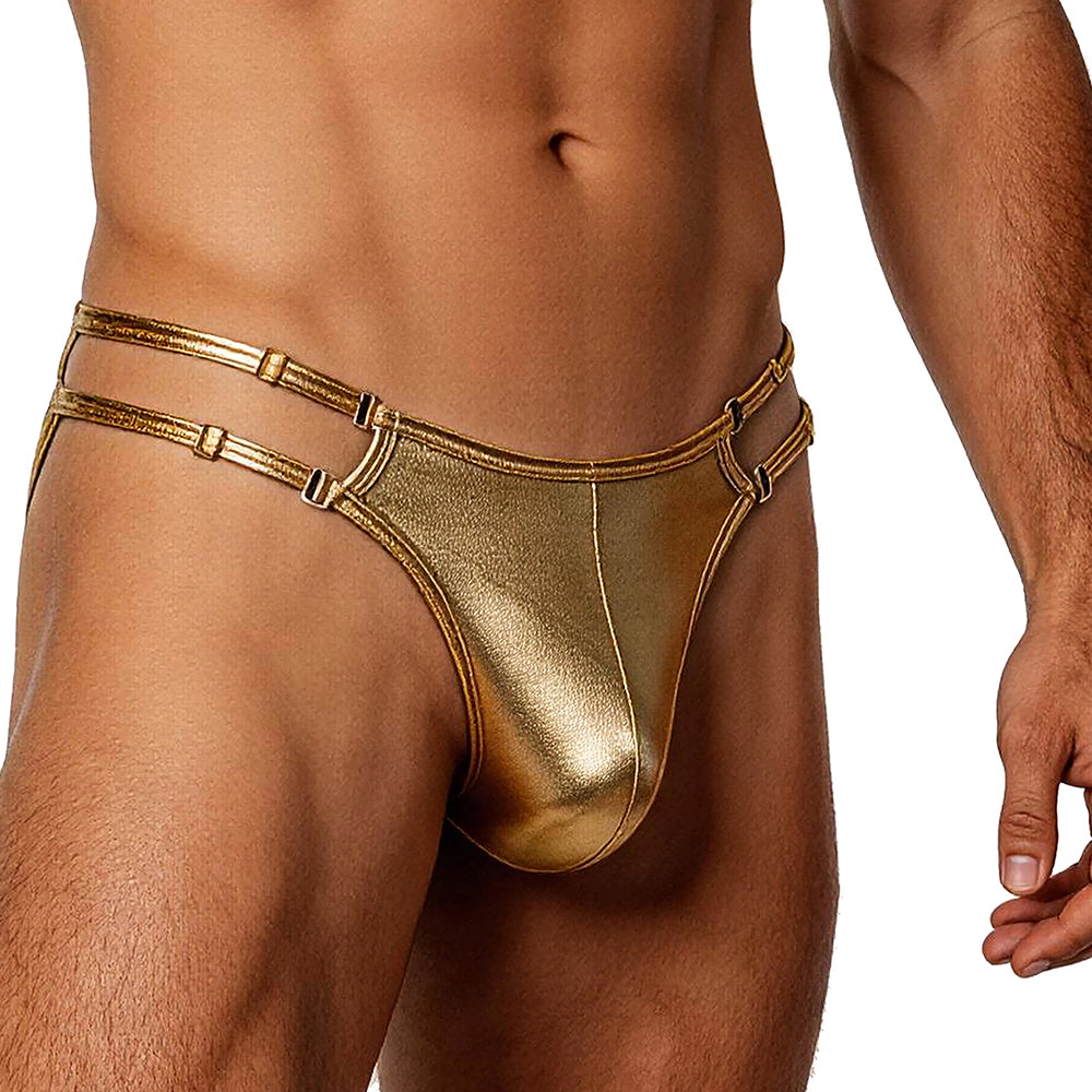 Cerise Faux Leather Wet Look Thong With Dual-Strap Waistband