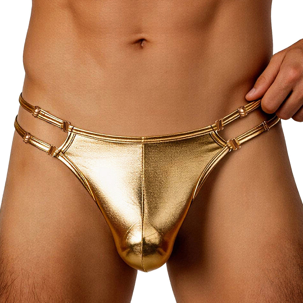 Cerise Faux Leather Wet Look Thong With Dual-Strap Waistband